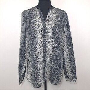 WD.NY Animal Print Faux Leather Trim Neck Casual Top Blouse